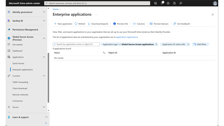 Screenshot of Global Secure Access, Applications, Enterprise applications window.