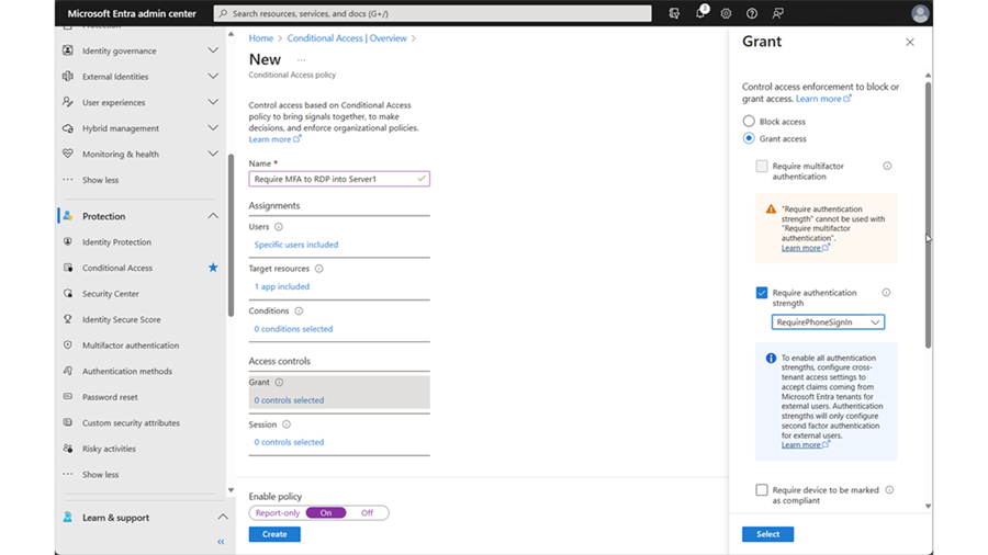 Screenshot of Conditional Access, Policies, Grant window.