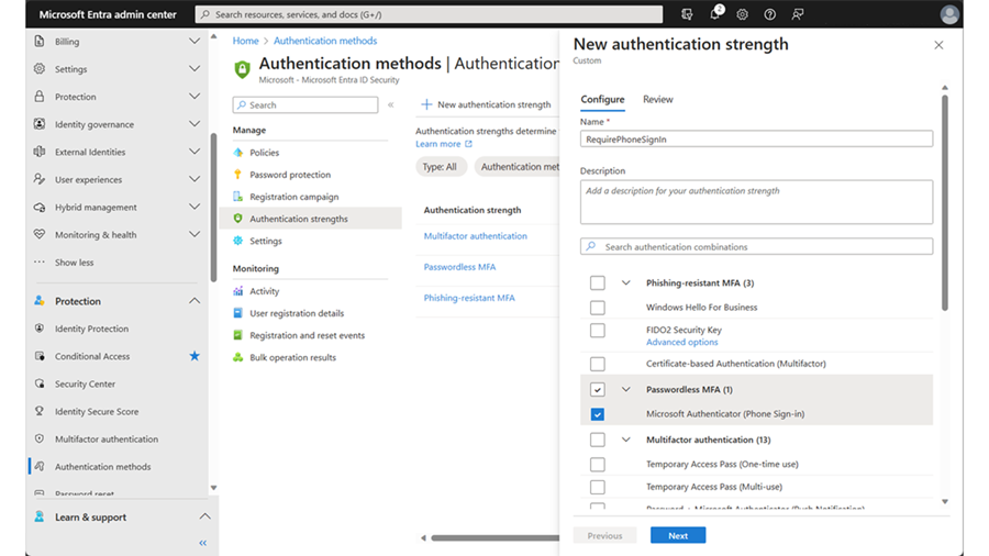 Screenshot of Identity, Protection, Conditional Access, Authentication strengths, New authentication strength window.