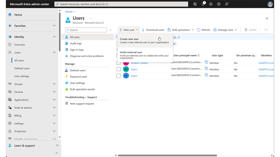 Screenshot of Identity, Users, All users, New user window.