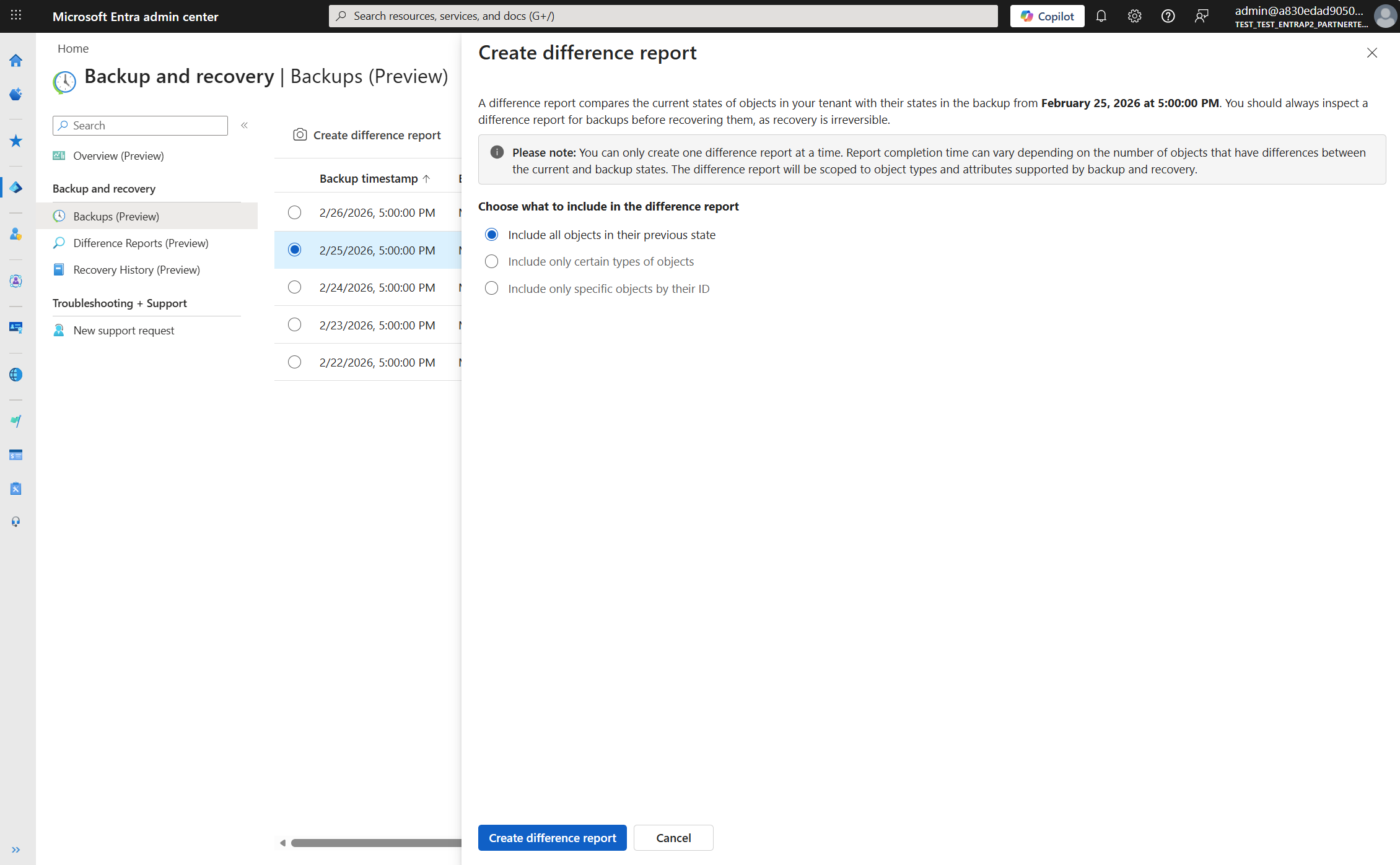 Screenshot of the Create difference report dialog with the Include all objects in their previous state option selected.