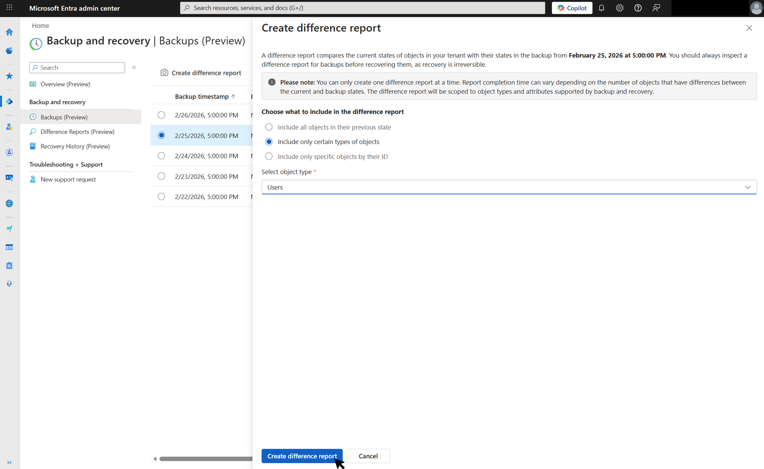 Screenshot of the Create difference report dialog with the cursor hovering over the Create difference report button, ready to submit the report.
