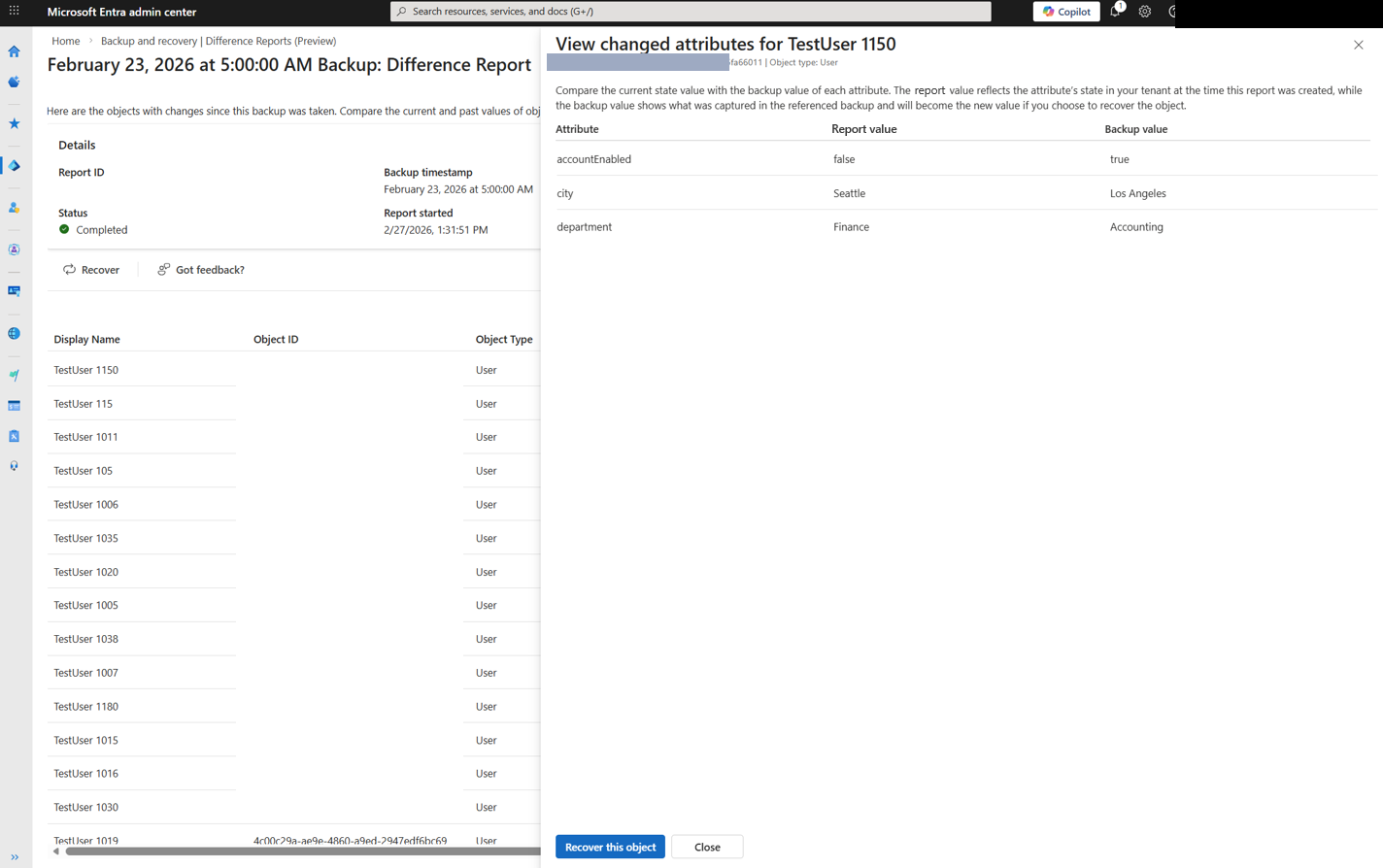 Screenshot of the View changed attributes panel showing differences between current state and backup values.