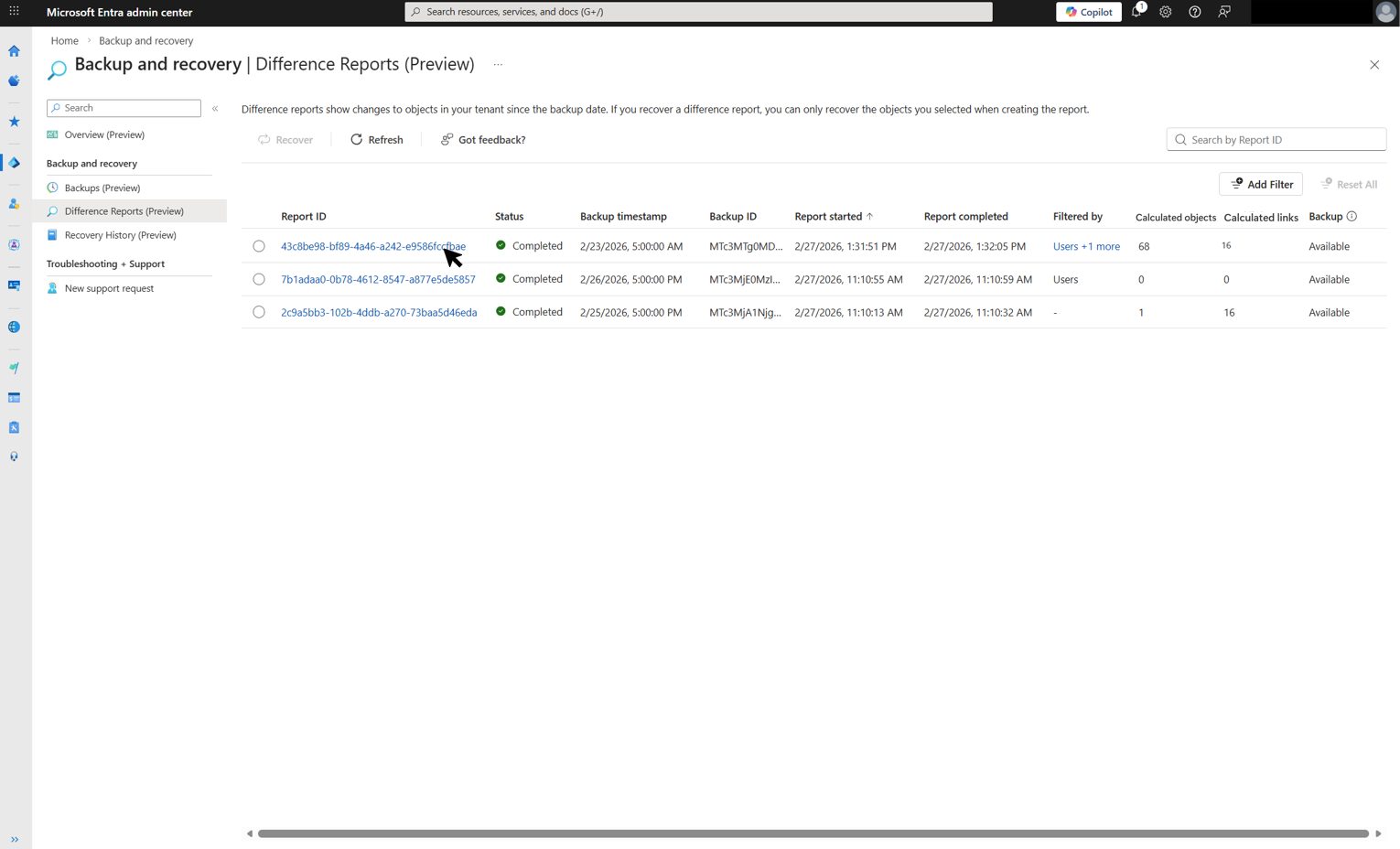 Screenshot of the Difference Reports page showing three completed reports with available backups.