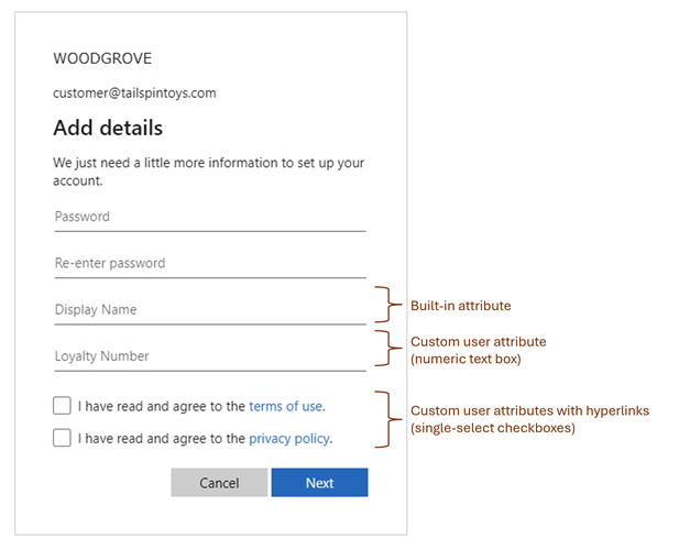 Screenshot of a sign-up page with terms of use and privacy policy checkboxes.