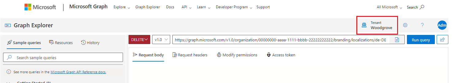 Screenshot of MS Graph API with CIAM tenant logged in.