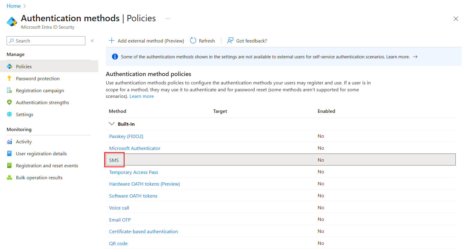 Screenshot that shows authentication methods including SMS.