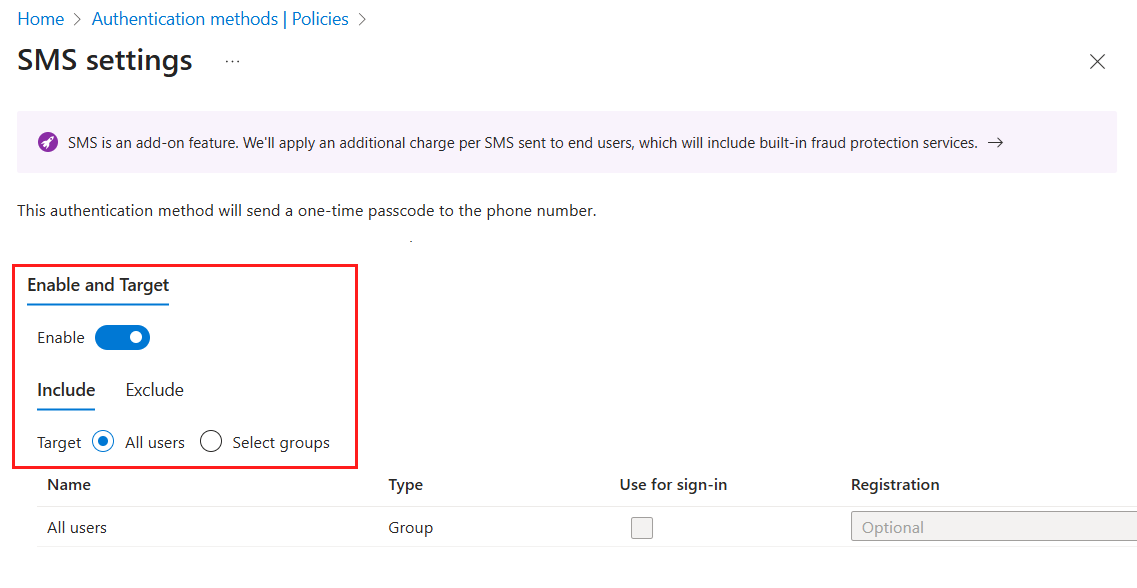 Screenshot of enabling SMS.