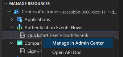 Screenshot of the open in admin center option.