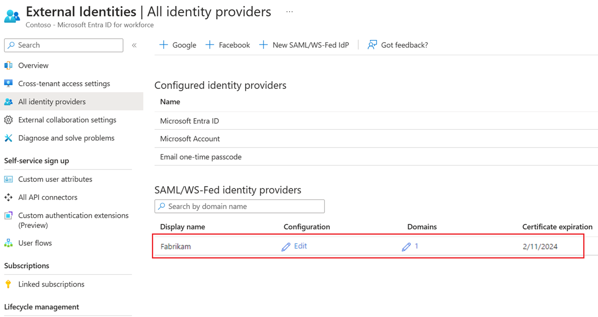 Screenshot showing the SAML/WS-Fed identity provider list with the new entry.
