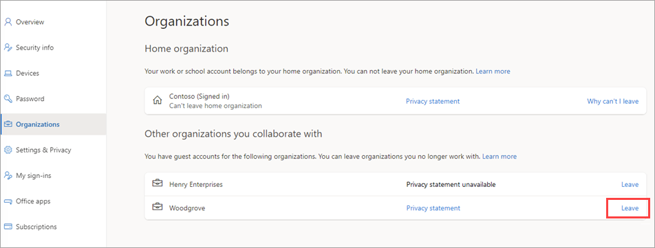 Screenshot showing Leave organization option in the user interface.