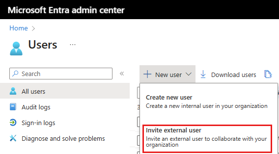 Screenshot of the invite external user menu option.