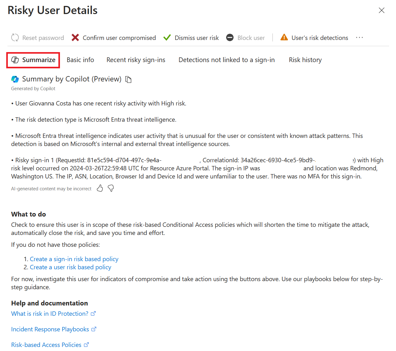 Screenshot that shows the Identity Protection risky user summarization details.