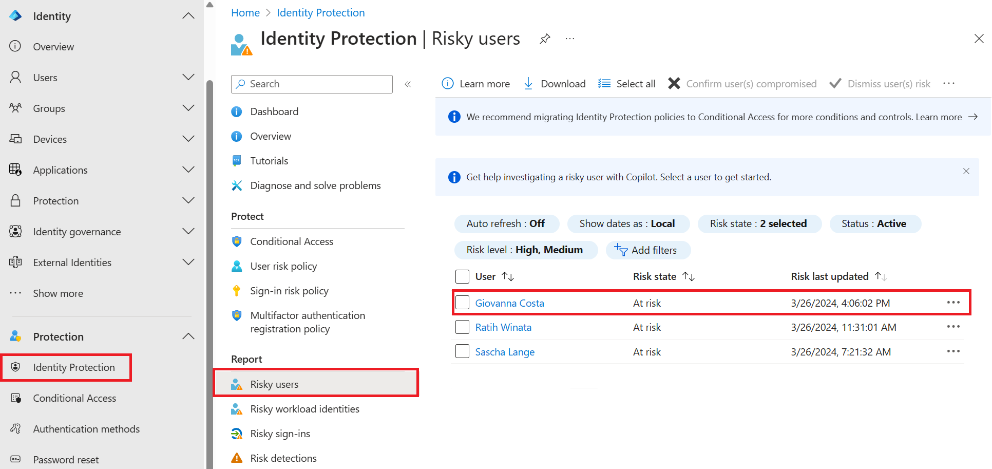 Screenshot that shows the Identity Protection risky users report.