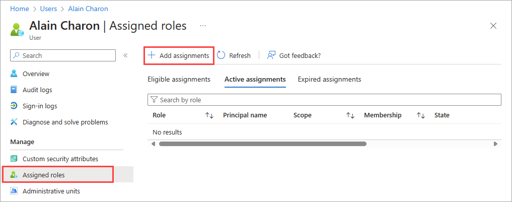 Screenshot of assigned roles page with Add assignments highlighted.