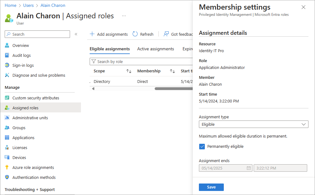 Screenshot of the role membership settings panel.