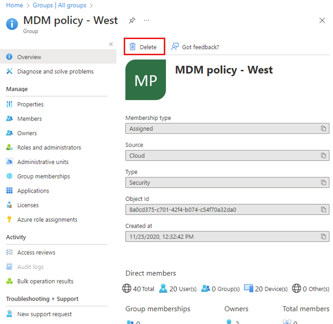 Screenshot of the MDM policy – West Overview page with Delete link highlighted.