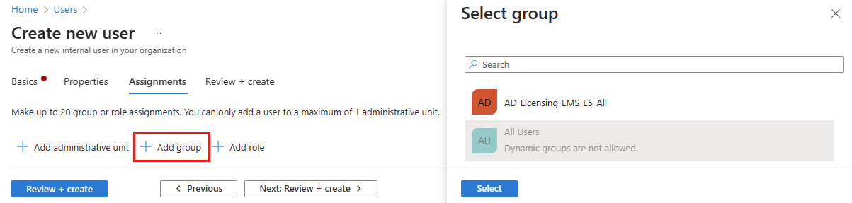 Screenshot of the add group assignment process.