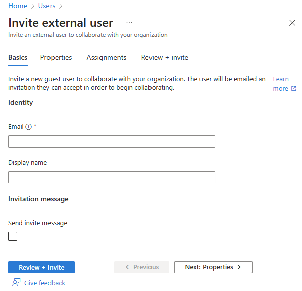 Screenshot of the invite external user Basics tab.