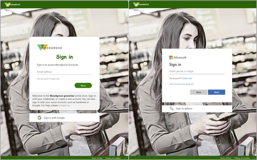 Screenshot of comparison of the branded sign-in experience and the default sign-in experience.