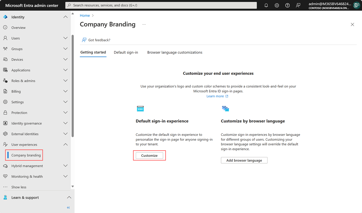 Screenshot of Custom branding landing page with Company branding highlighted in the side menu and Configure button.
