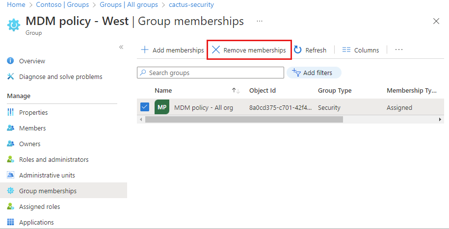 Screenshot of the 'Group membership' page showing both the member and the group details with 'Remove membership' option highlighted.