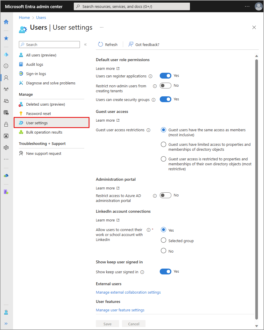 Screenshot of the Microsoft Entra user settings options.