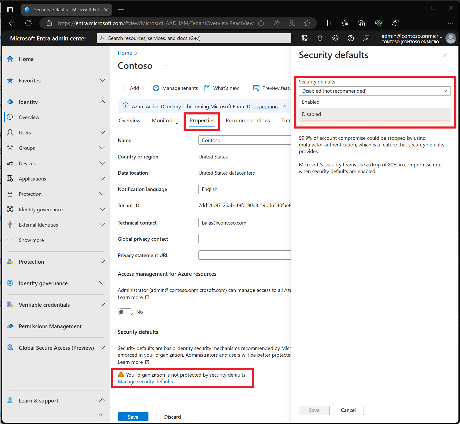 Screenshot of the Microsoft Entra admin center with the toggle to enable security defaults