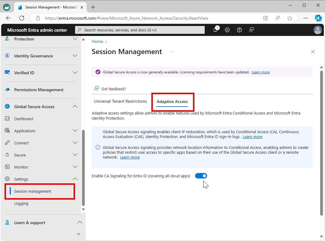 Screenshot showing the toggle to enable signaling in Conditional Access.