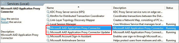 Screenshot of the App proxy connector and connector updater services in Windows Services Manager.