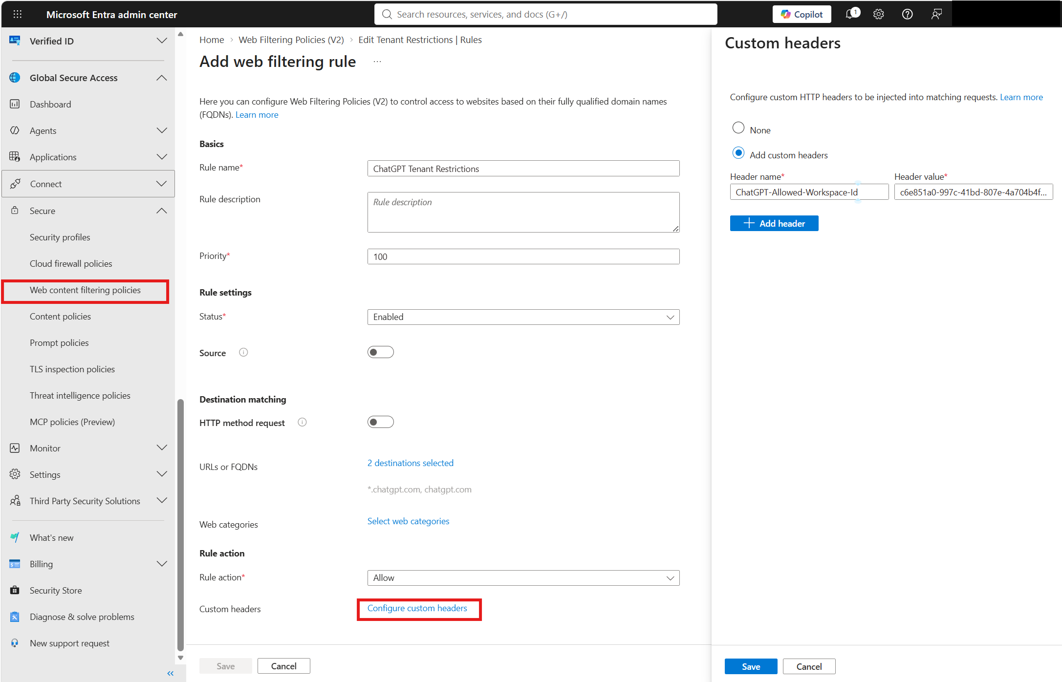 Screenshot that shows the custom header rule.