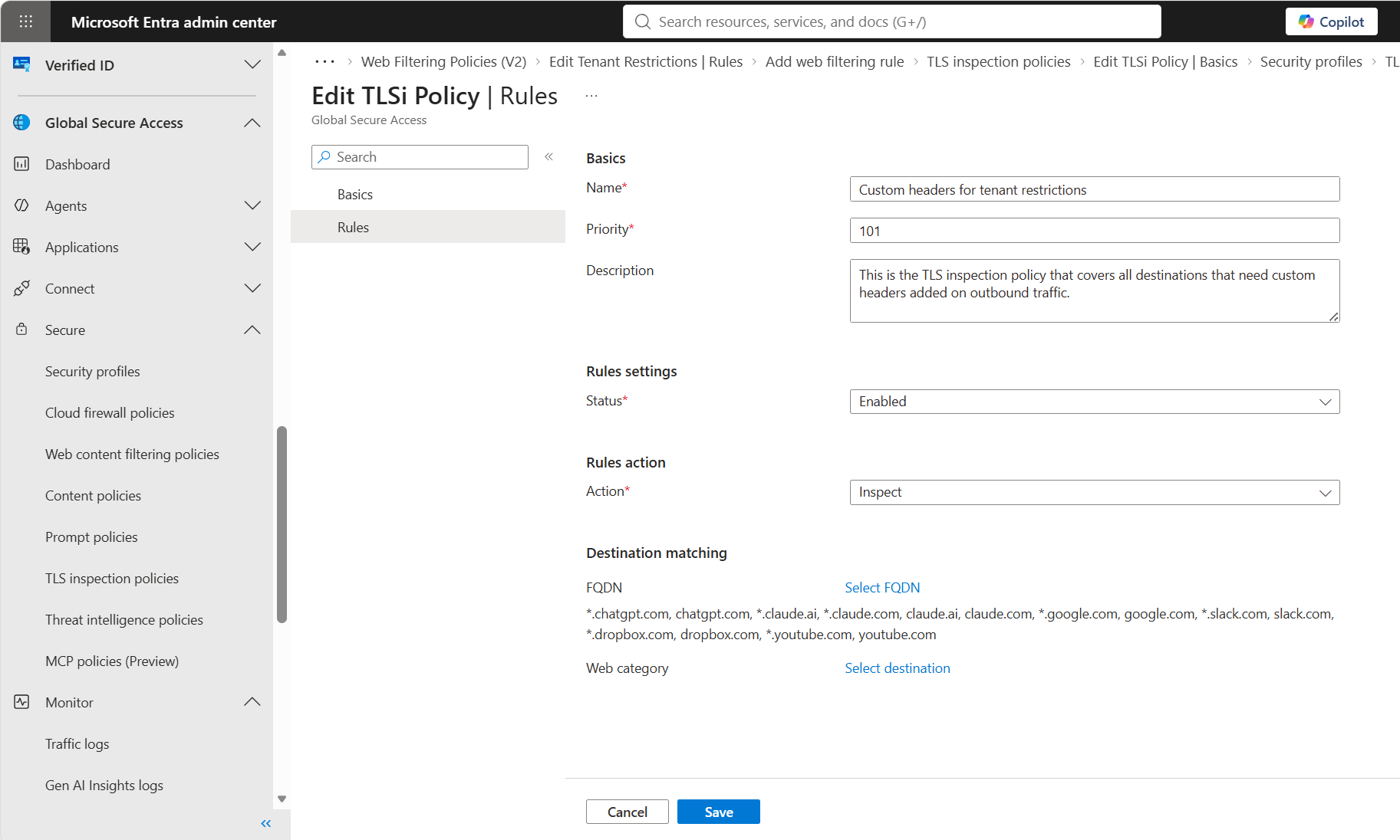 Screenshot that shows the TLS inspection rules for specific destinations.