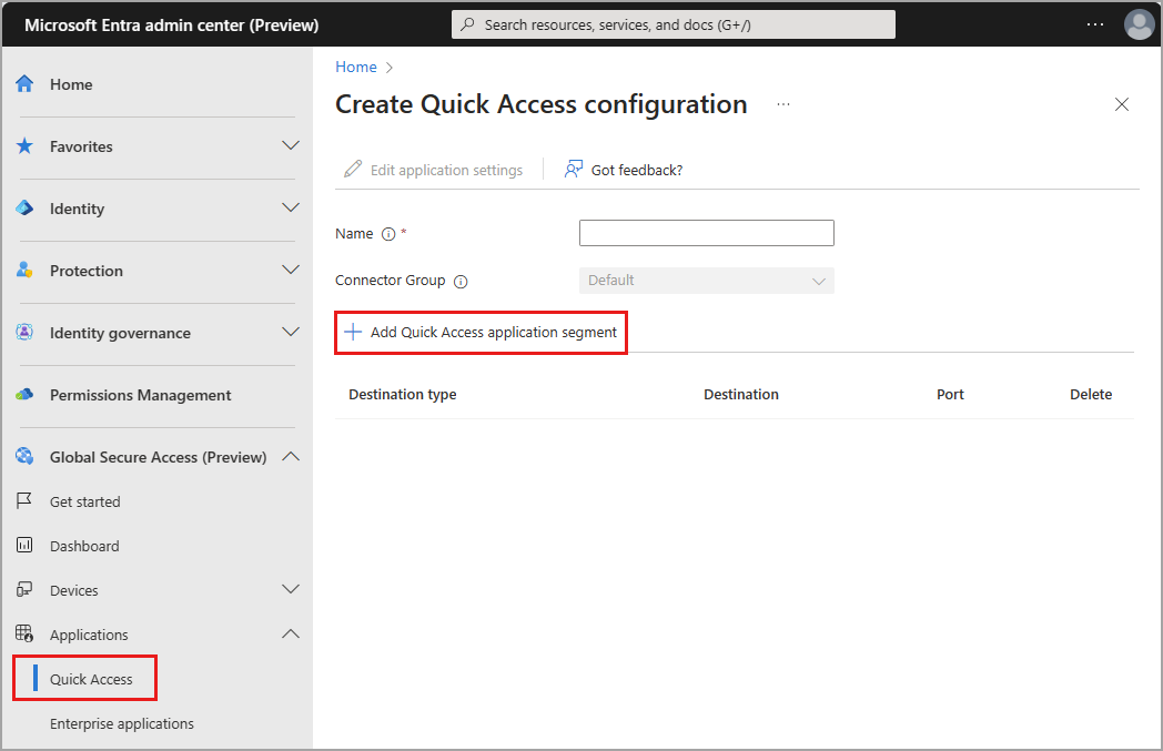 Screenshot of the Add Quick Access application segment button.