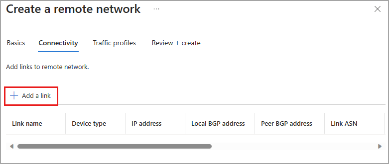 Screenshot of the create remote network page with the add a link button highlighted.