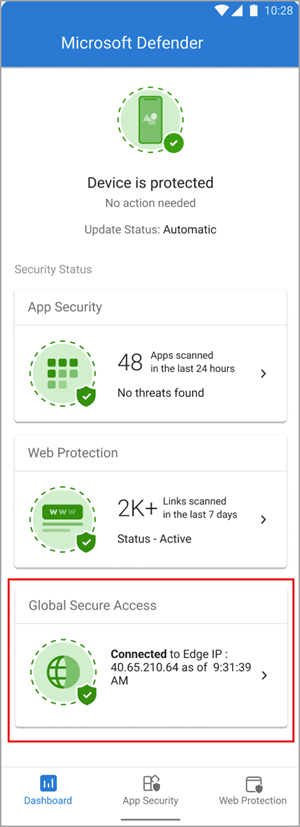 Screenshot of the Defender app with the Global Secure Access tile on the dashboard.