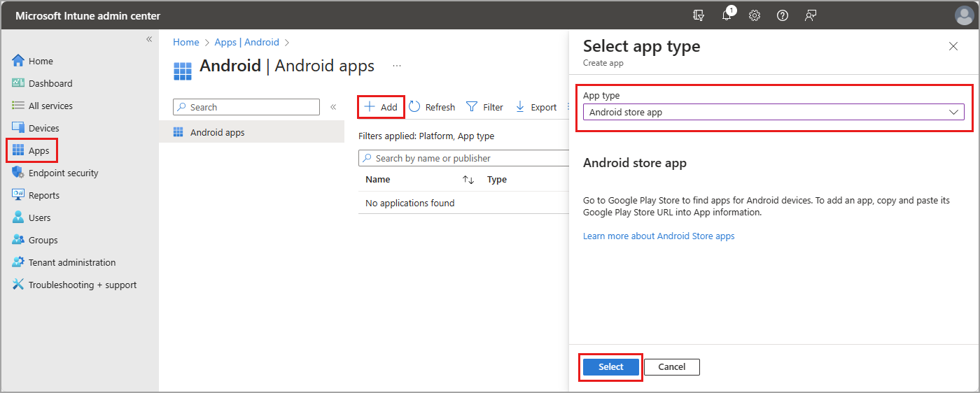 Screenshot of the add Android app store options.