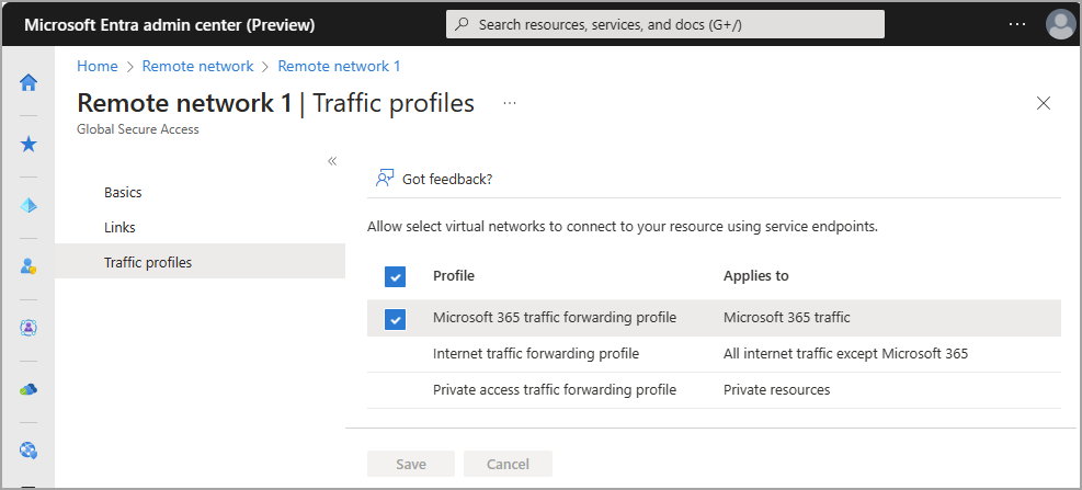 Screenshot of the traffic profiles options on the remote networks.
