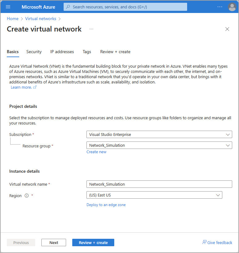 Screenshot of the create a virtual network fields.