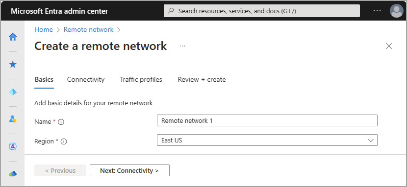 Screenshot of the basics tab for creating a remote network.