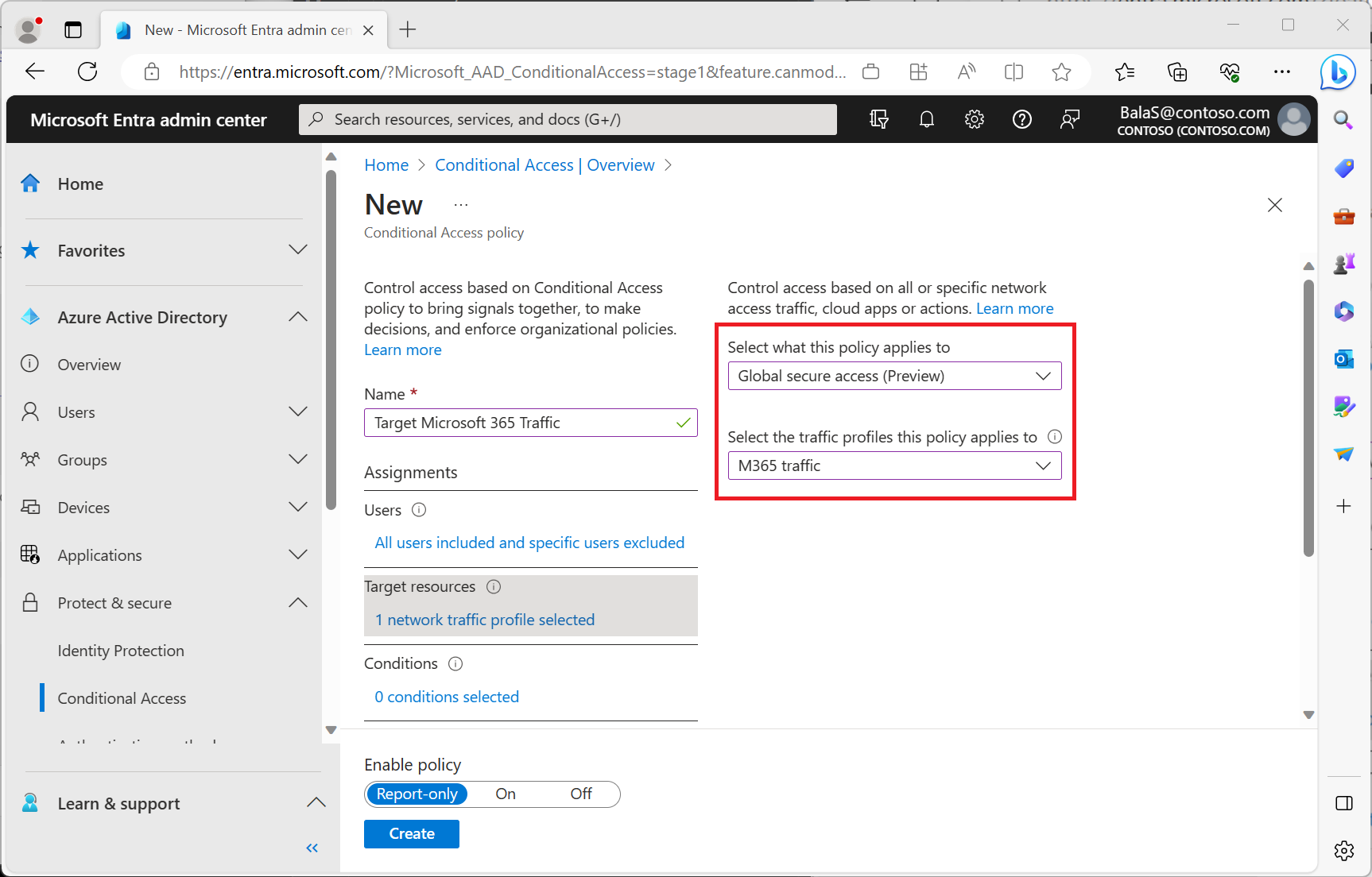 Screenshot showing a Conditional Access policy targeting a traffic profile.