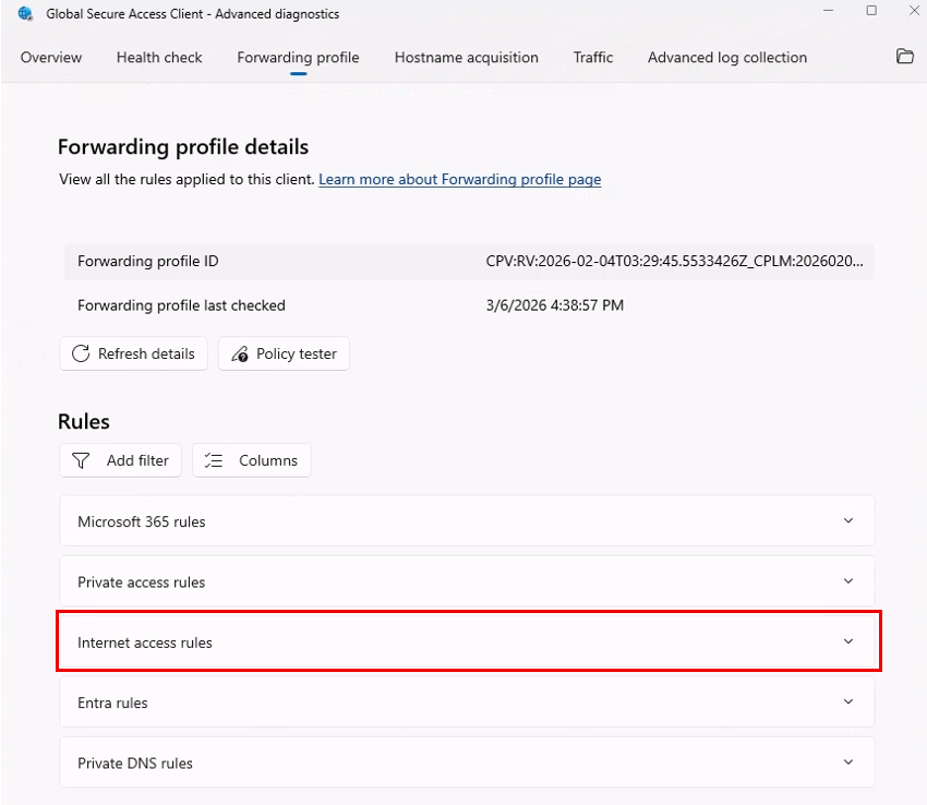 Screenshot that shows the traffic profile verification in the GSA client.