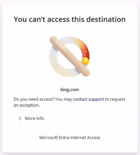Screenshot that shows a Custom error page showing the custom block message for a blocked site.