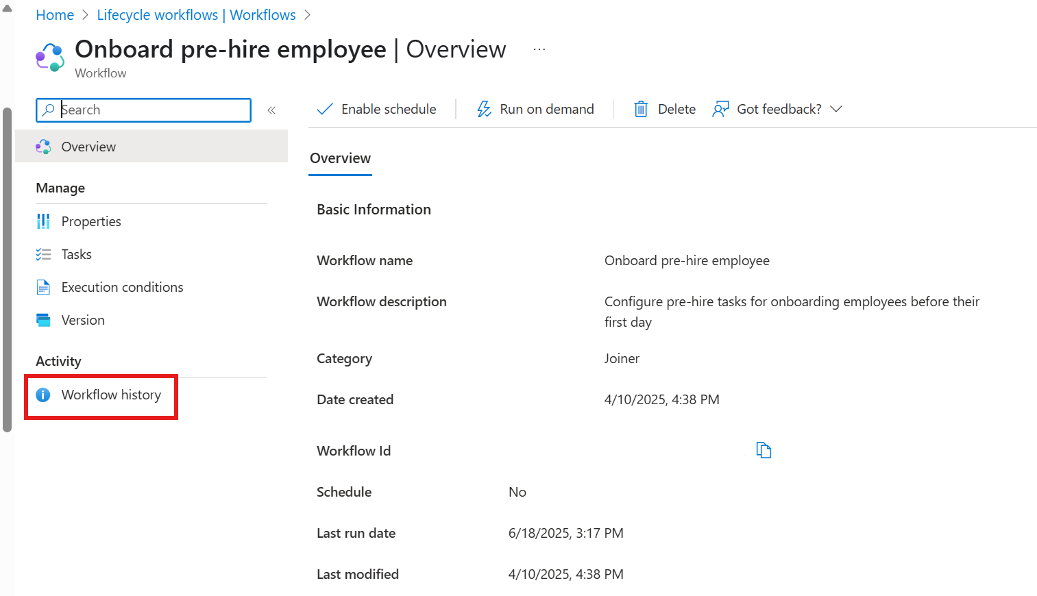 Screenshot of the workflow overview page with the Workflow history link highlighted in the left navigation.