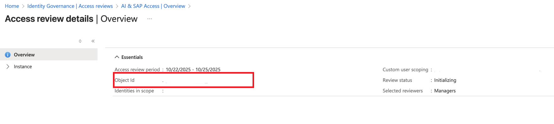 Screenshot of finding the access review instance object ID.