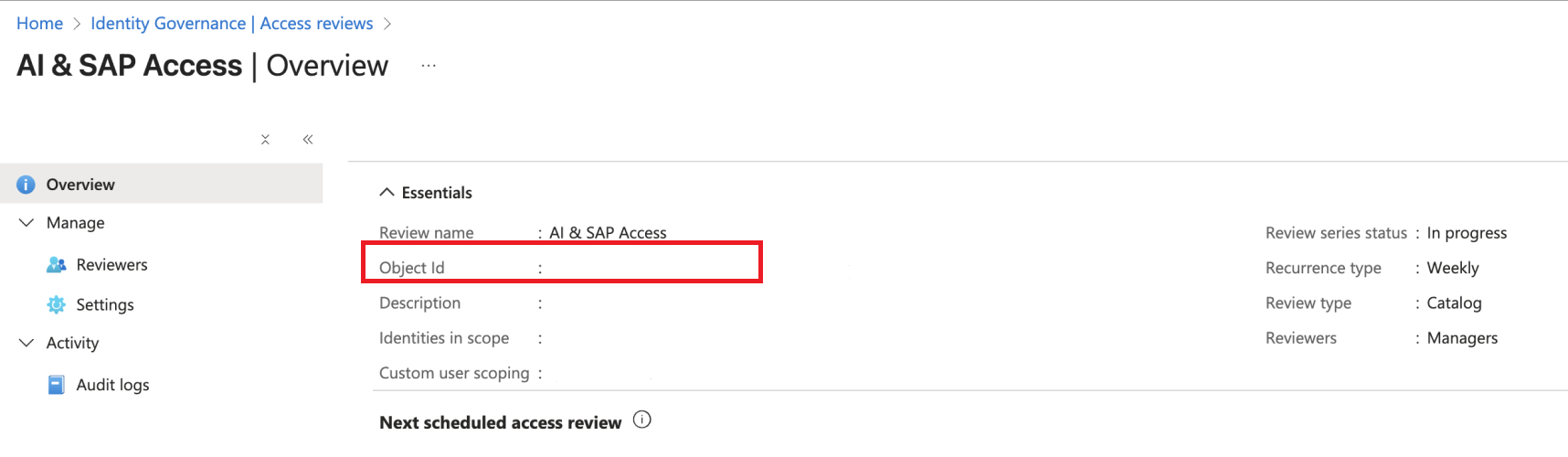 Screenshot of finding the access review object ID.