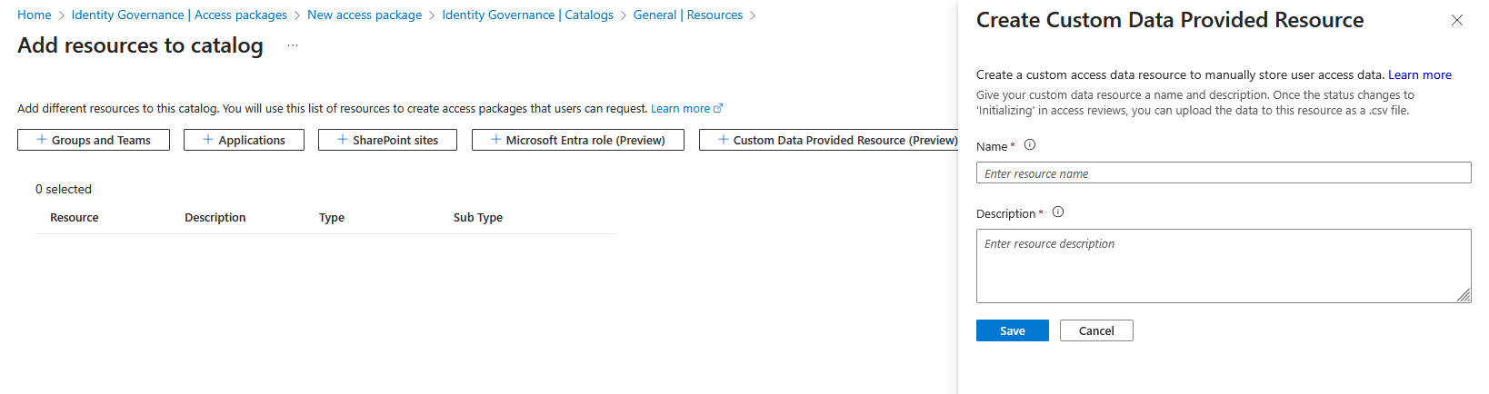 Screenshot of adding custom access resource data extension information.