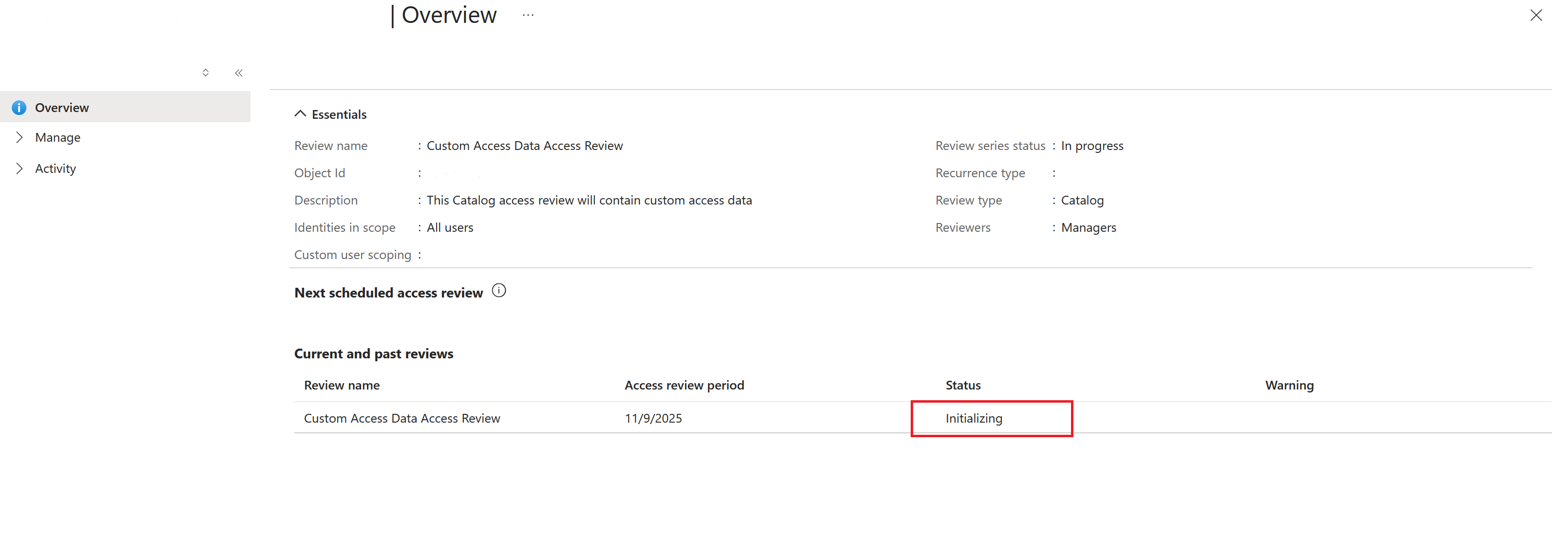 Initializing access review status.