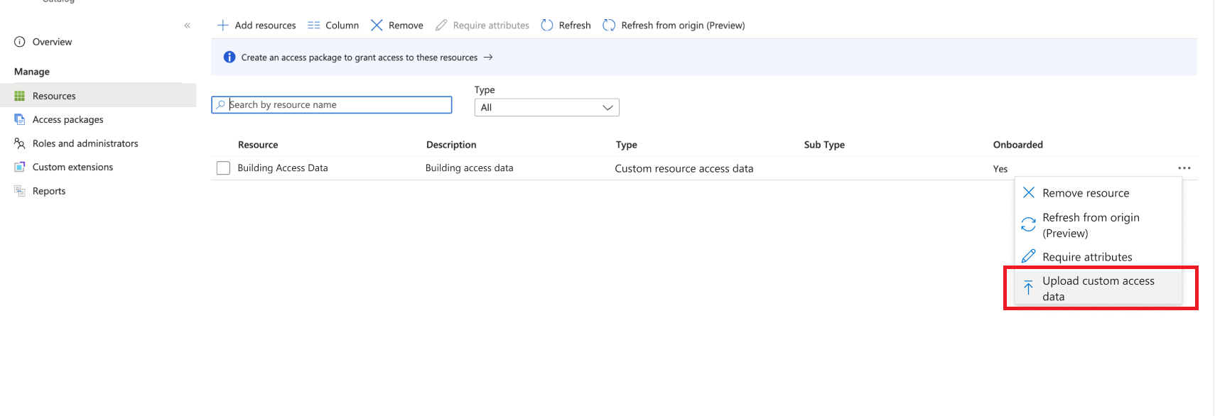 Screenshot of the upload custom access data option.