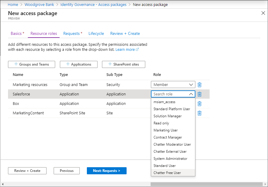 Screenshot that shows resource role selection for a new access package.