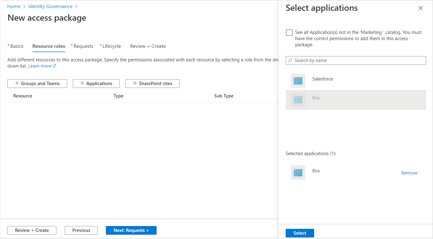 Screenshot that shows the panel for selecting applications for resource roles in a new access package.